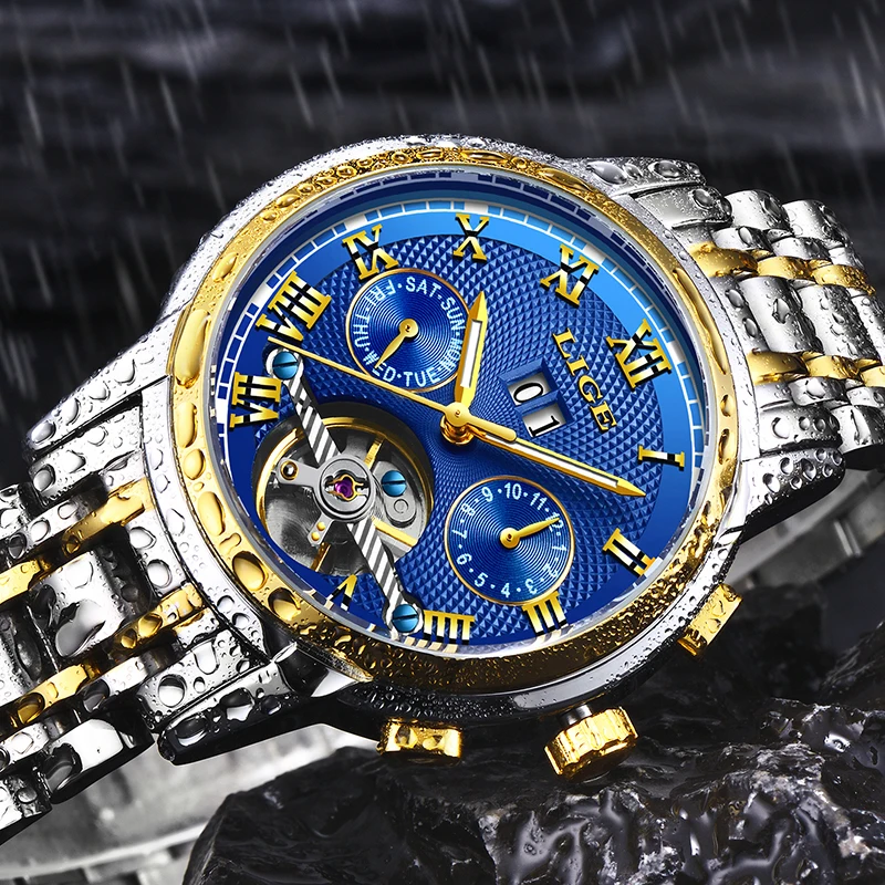 Lige Automatic Watch Men Skeleton Tourbillon Mechanical Watch Sport Waterproof Automatic Watch-2