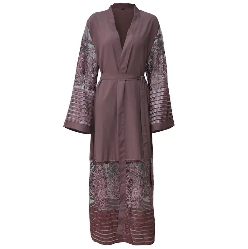 Размера плюс бархатная кружевная сетчатая кимоно Mujer длинная абайя Дубай Бохо женский Макси кардиган блузка одежда турецкая исламская одежда - Цвет: Purple