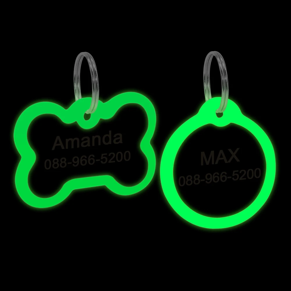 Нержавеющая Сталь персонализированные Pet ID Tag светящийся светильник на заказ Выгравированные собачьи бирки собаки кошки флуоресцентные кости таблички Бесплатный колокольчик