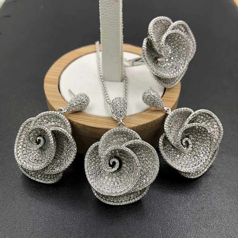 Lanyika ювелирный набор свадебный элегантный отличительный цветок полный циркон покрытием ожерелье с серьгами и кольцом Свадебные модные подарки