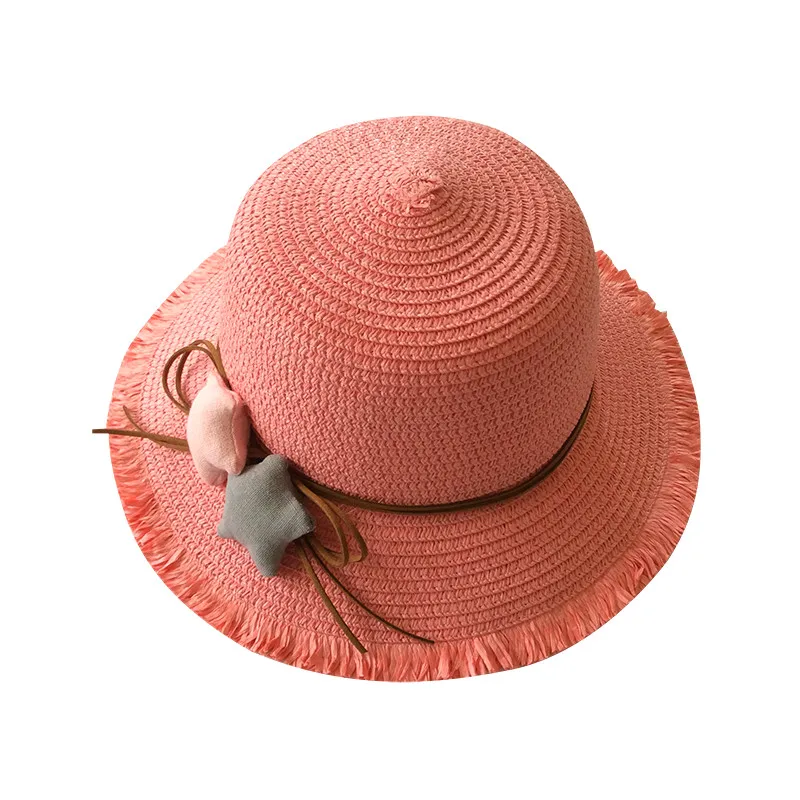 Летние шляпы для девочек, детская соломенная шляпа с необработанным краем для девочек, детская солнцезащитная Кепка со звездами для девочек, Панама, детская пляжная кепка s - Цвет: watermelon red