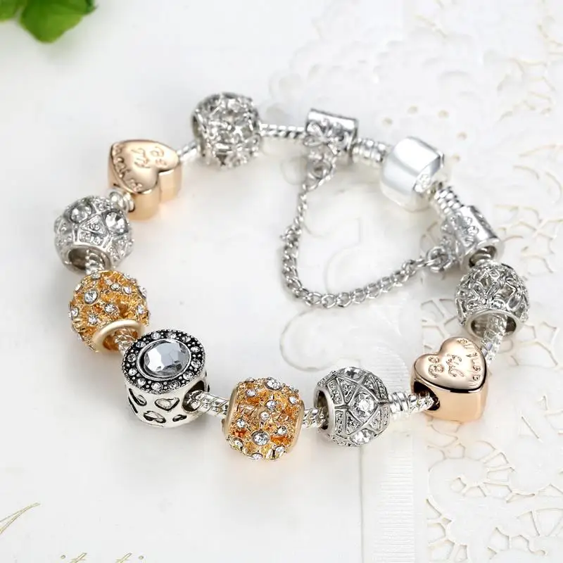 ELESHE European Style Crystal Charms Bracelet For Women With Silver Safety Chain Bracelet Bangle Vintage Jewelry Wedding