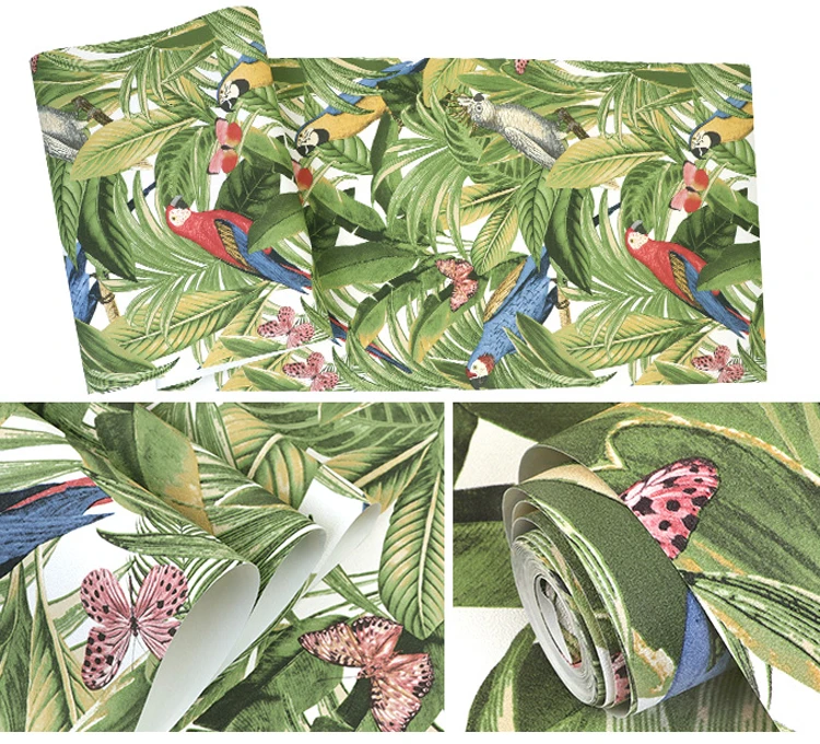 Green Banana Leaf Tropical Wallpaper Modern Art Floral and Birds PVC Waterproof Wall Paper Roll Wall Decor Living Room