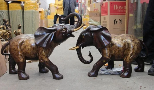 

shitou 001164 Chinese Royal Copper Bronze Feng Shui Auspicious Wealth Elephant Art Statue Pair