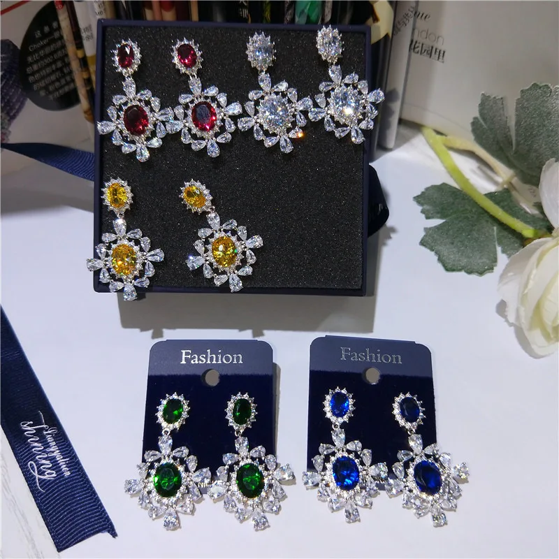 

choucong 5 Color Elegant Flower Drop earring AAAAA zircon cz 925 sterling silver Wedding Dangle Earrings for women Party jewelry