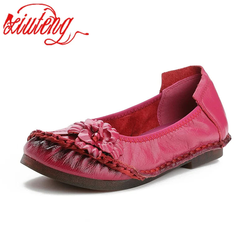 Women Loafers Xiuteng Genuine Leather Women Shoes Casual Flower Single Flat Round Toe Style Boat Shoes Soft Comfortable Women Flats