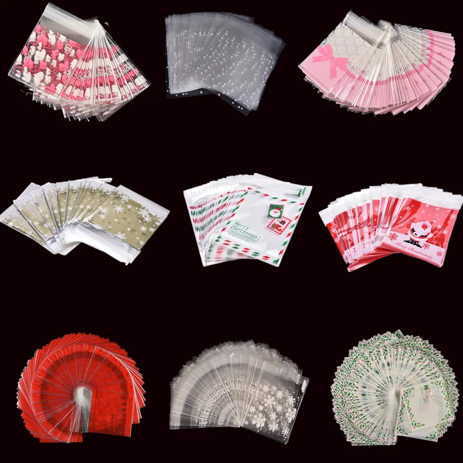 

100pcs/set Christmas snow heart Cookie Candy Bag Self-Adhesive Plastic Bags Biscuits Snack Baking Package Gift Bags