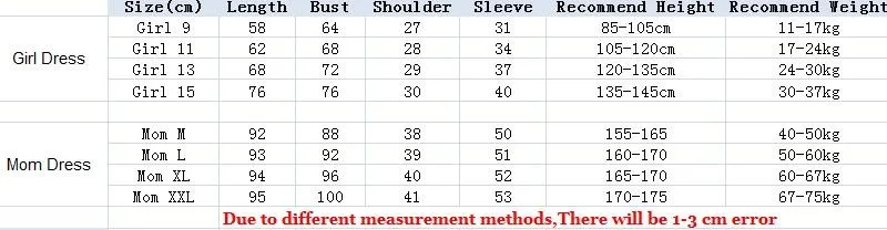 motherdaughter dresses size chart