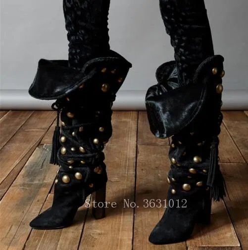 

Hot New Arrival Gold Big Rivets Studded Boots Women High Heels Chunky Heels Luxury Brand Long Trend martin Boots Ladied Shoes