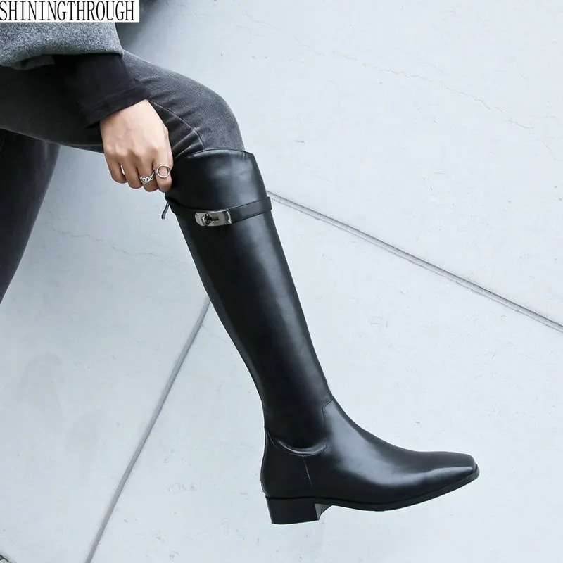 

2018 large size 34-43 square heels genuine leather brand shoes women boots black cow leather knee high boots