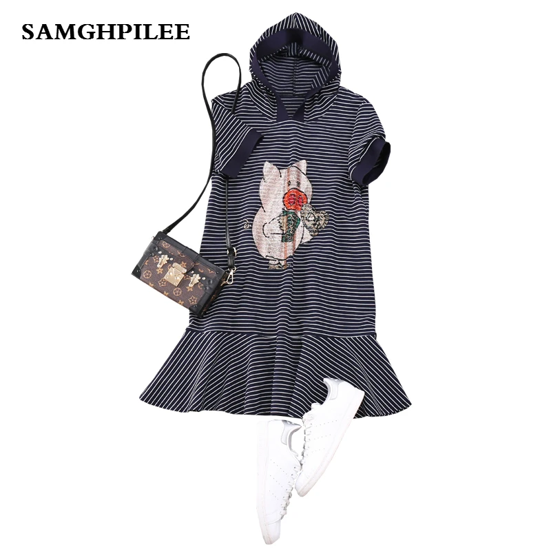 

2019 Sale New Trumpet / Mermaid Striped Short Sleeve Appliques Knee-length Natural Hooded Spring Women Dress