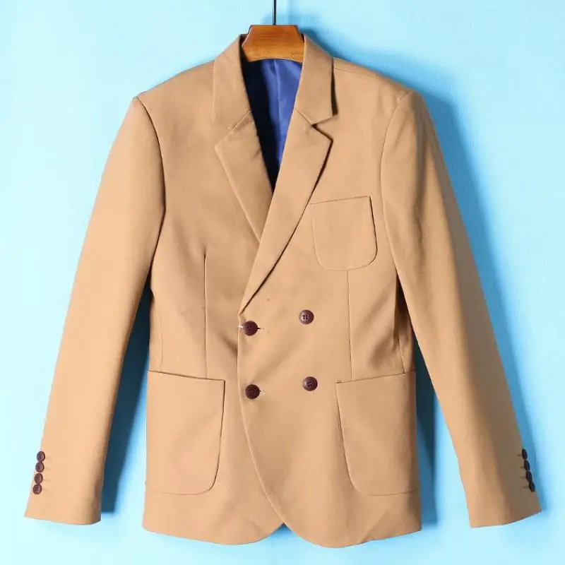 Spring Fall Fashion Men Double Breasted Khaki Blue Slim Fitted Suit Collar Blazer Coat , Autumn