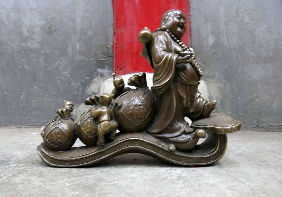 

13" China brass copper children took the bag Maitreya Buddha Sculpture Statue