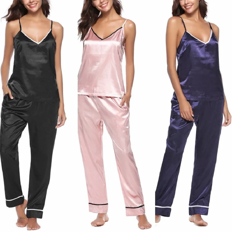 2019 Новый Для женщин без рукавов Спагетти ремень Pajama наборы Summmer ночное белье шелковые пижамы комплект сексуального белья Комплект женская