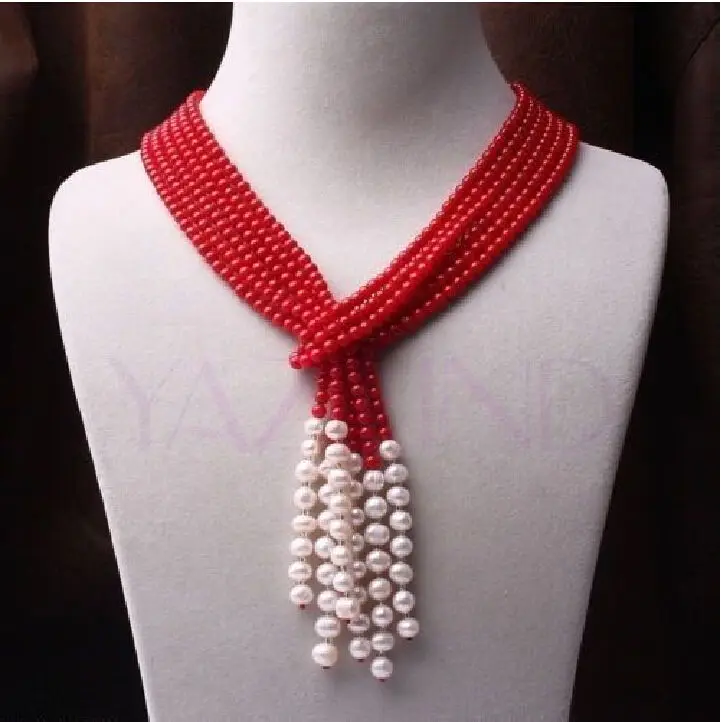 

2016 new design long natural 6-7mm red coral white pear lnecklace scarves t