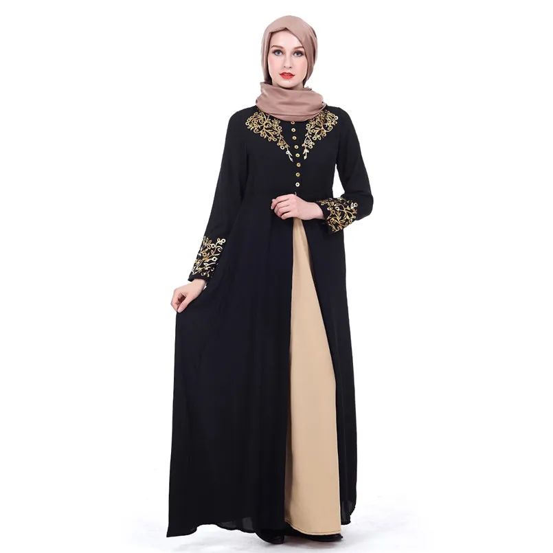 Formal Muslim Women's Prayer Garment Gold Ironing Print Arabic Caftan