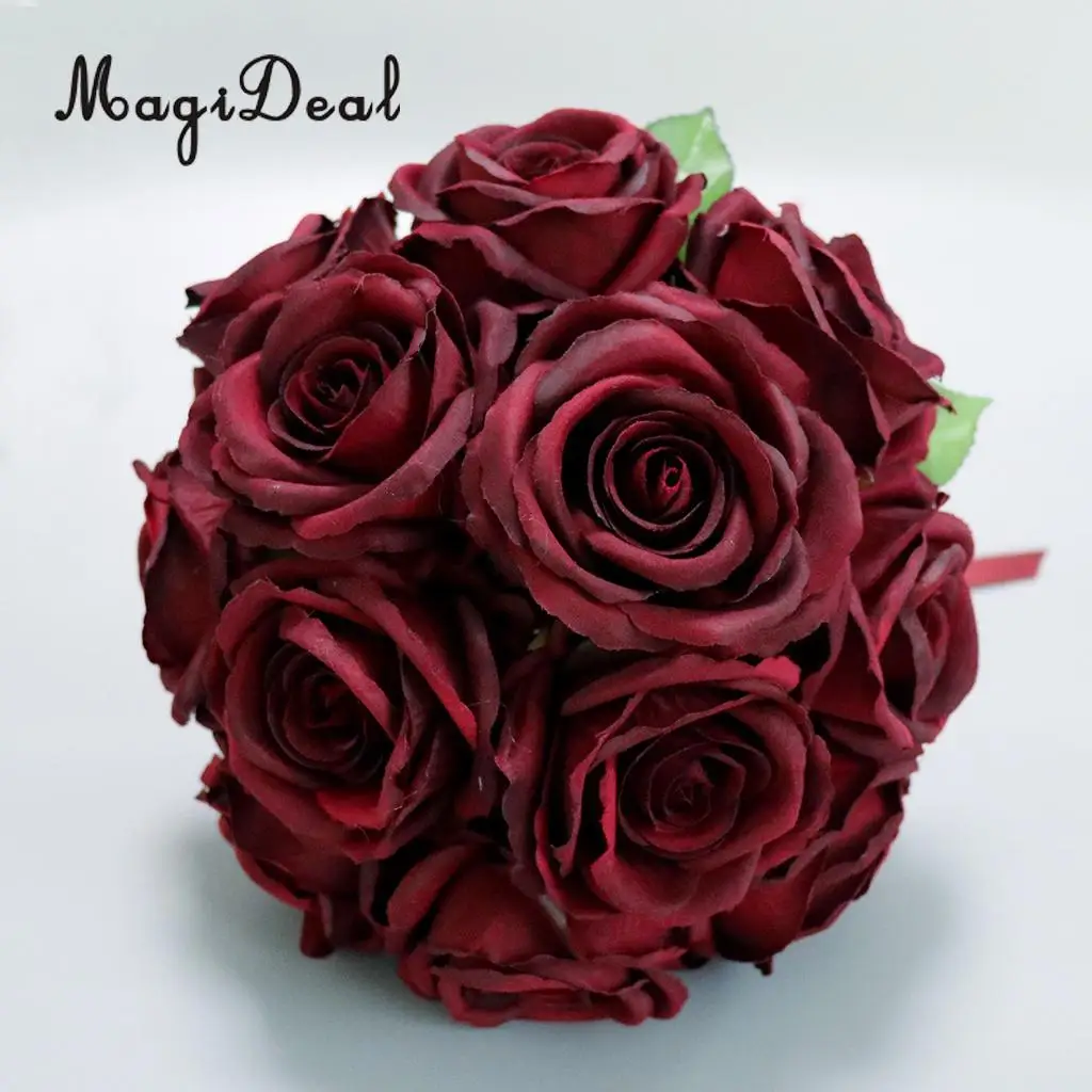 MagiDeal Romantic Rose Flower Wedding Bridal Bouquet Hand Holding Flower Wine Red