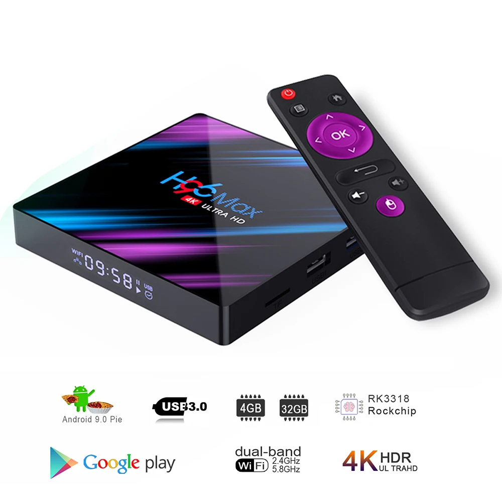 

H96 Max Smart TV Box Android 9.0 RK3318 4GB 32GB 64GB 4K HDR 2.4G&5G Wifi BT4.0 USB 3.0 Airplay MAX Set Top Box Media Player
