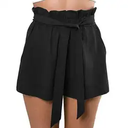 Новые модные летние однотонные цвет для женщин Раффлед Высокая талия шорты с поясом брюки для девочек с карманами