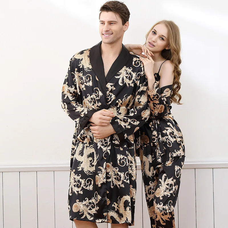 

Luxury Summer Satin Silk Men's Robe Dragon Print Long-Sleeve Lovers Bathrobes Kimono V-Neck Silk Sexy Sleepwear Womens Robe Set
