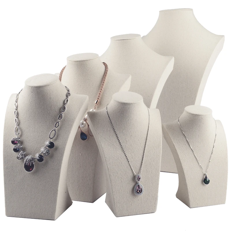 Fanxi Linen Cream-white Necklace Mannequin Bust Pendant Jewelry Display Stand Holder Shelf Showcase Jewelry Organizer
