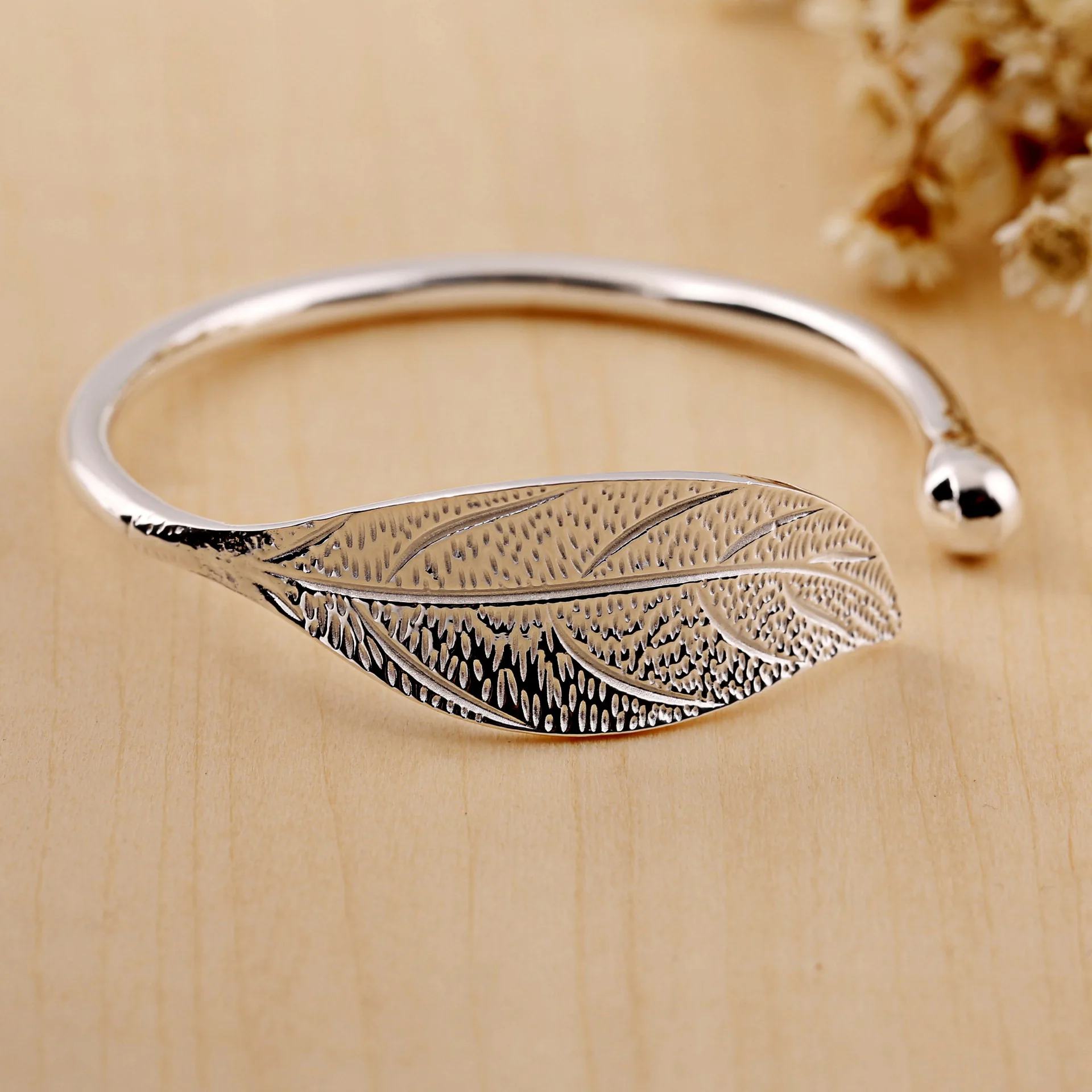 leaf bangle very good quality 100% 999 silver Jewelry Vintage Adjustable bangles for women gift