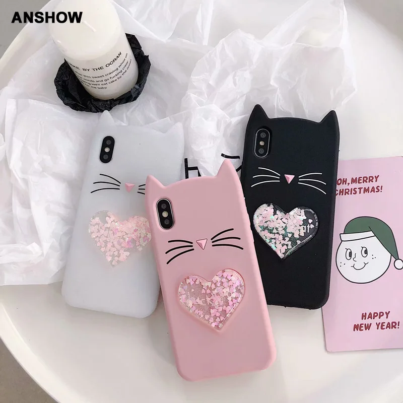 3D Cartoon Beard Cat Case For iphone X 8 Plus 7 6 6s Soft Silicone Coque Liquid Love Heart Quicksand Rubber Cover 50PCS |