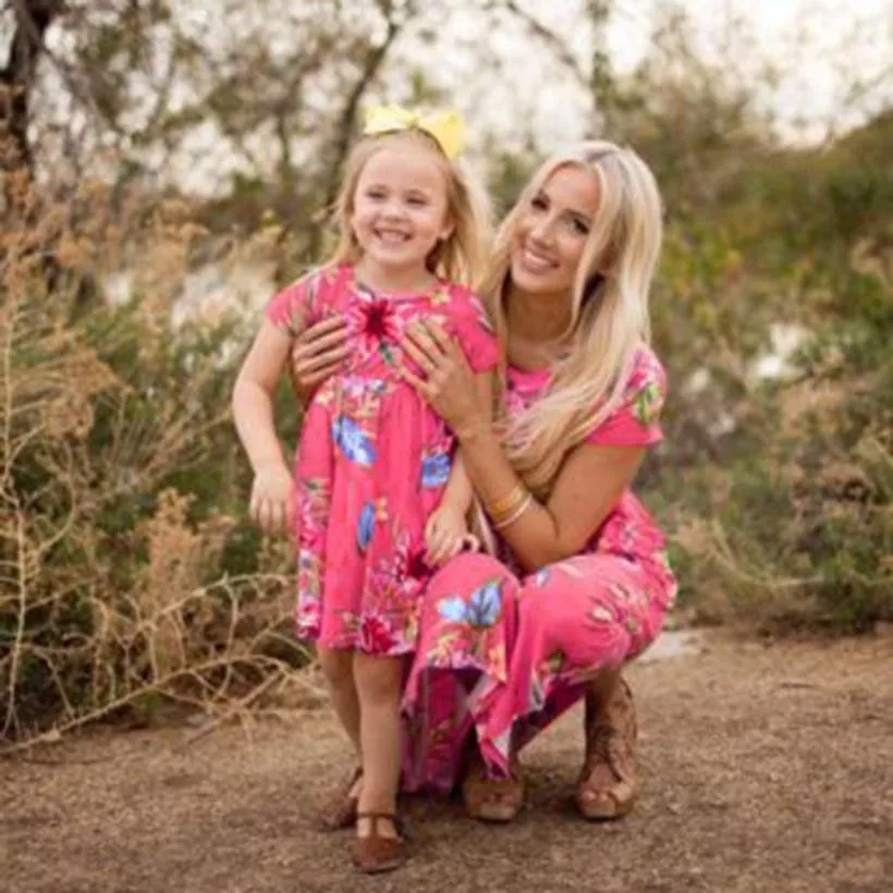 

Mom and Me Floral Mom Daughter Dress Family Dress Mother and Daughter Matching Outfit Short Sleeve O-neck Mother & Kids Clothes