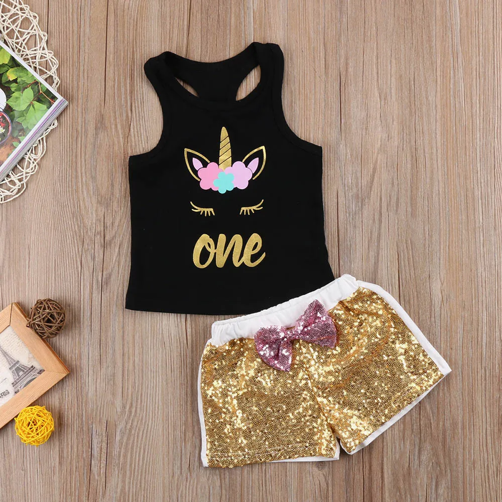 

Kids Baby Girls 2PCS Clothes Letter Print T-shirt +Sequins Shorts Set Outfit Set