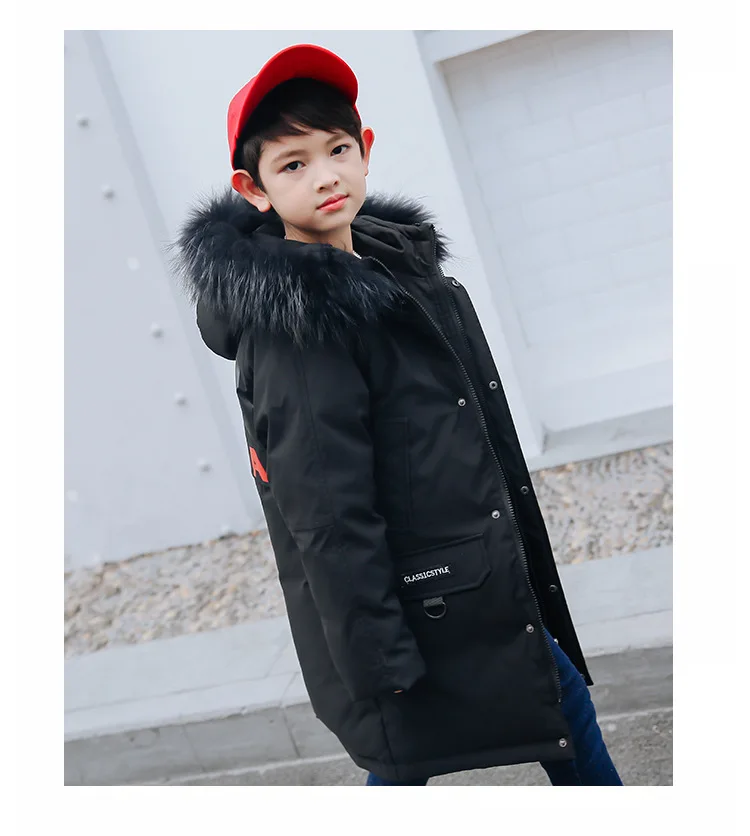 Model 1 Black Детские зимние теплые пуховики-25 градусов, куртка с капюшоном и большим мехом для мальчиков-подростков детская утепленная верхняя одежда на утином пуху, пальто - Цвет: Model 1 Black