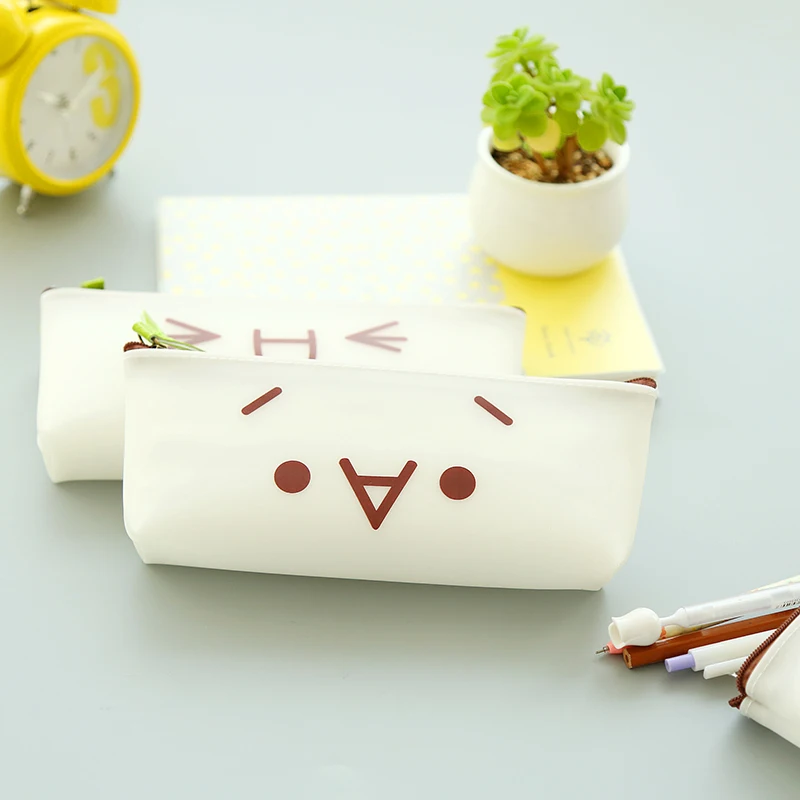 

Cute Emotion Face Ivory-white Silica Gel Pencil Case Creative Pencil Bags School Supply Birthday Gifts for Child Kids Students