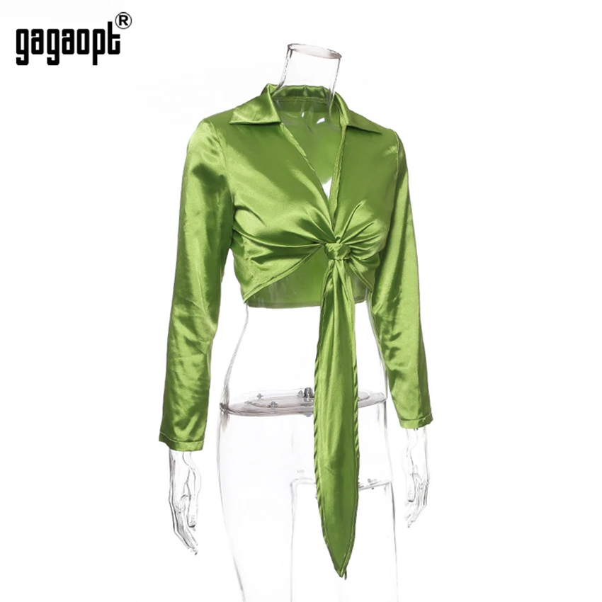 Gagaopt Новые укороченные топы с длинным рукавом Женские атласные пикантные