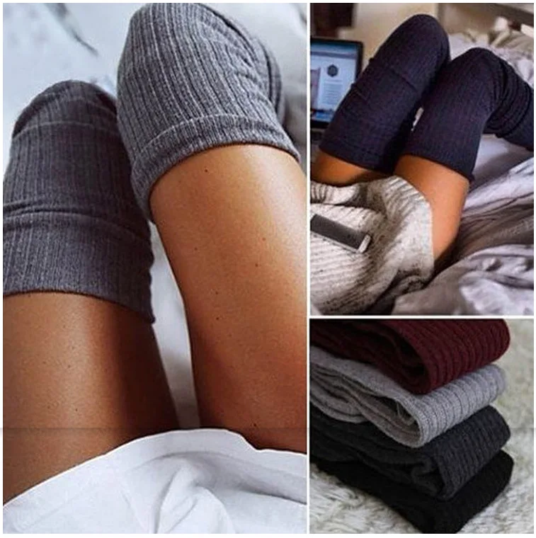 

New Women Over Knee Socks Warm Long Boot Knit Thigh-High Light Gray Khaki Dark Gray Dark Blue Black