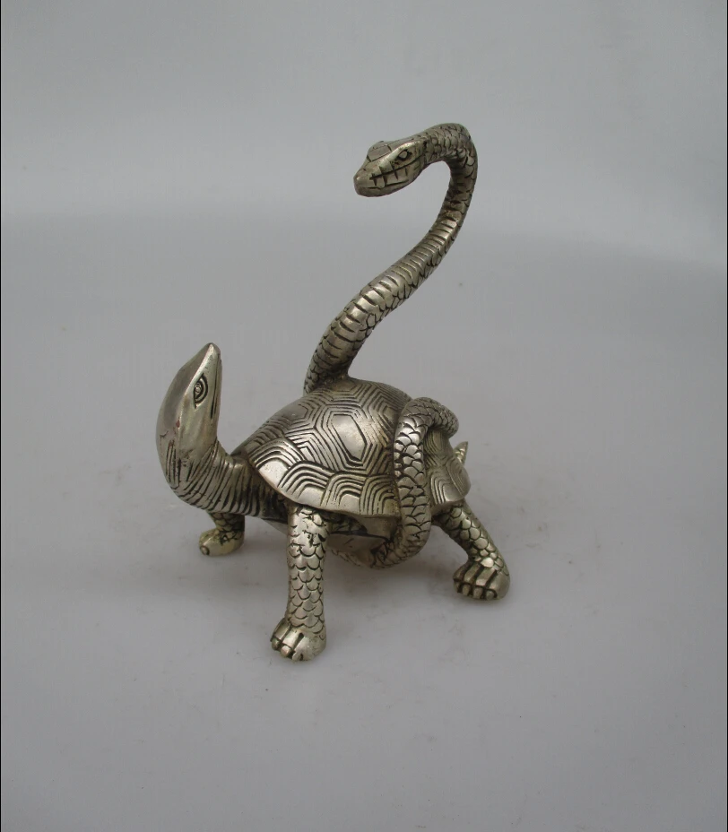 

Antique antiques Collectible Decorated Old Handwork Tibet Silver Carved Tortoise and snake fighting Statue/ Sculpture