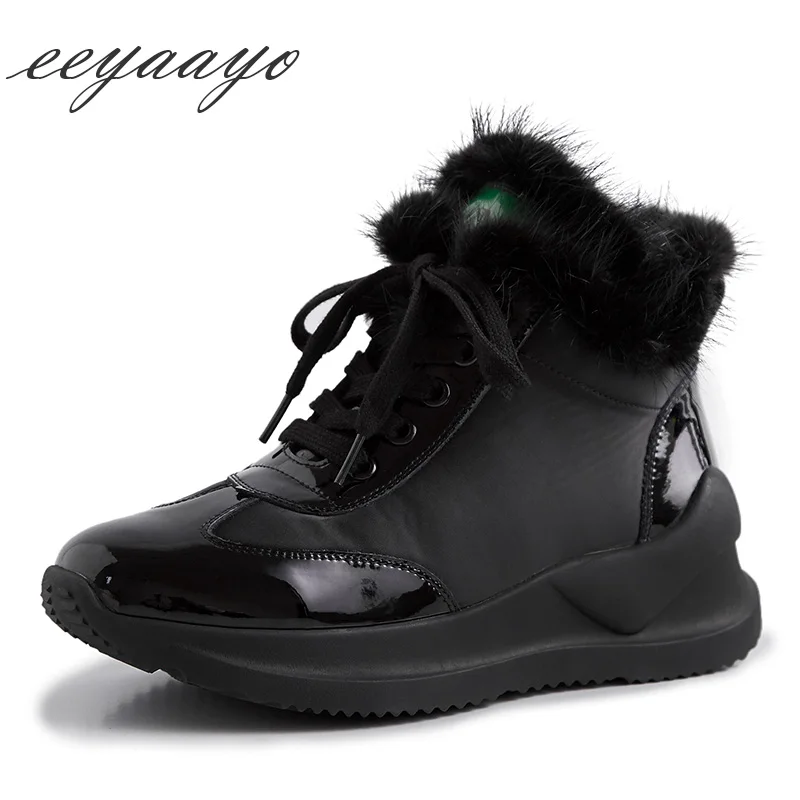 

2019 New Genuine Leather Winter Women Ankle Boots Round Toe Lace-Up Wool Lining Women Cow Leather Shoes Black Short Snow Boots