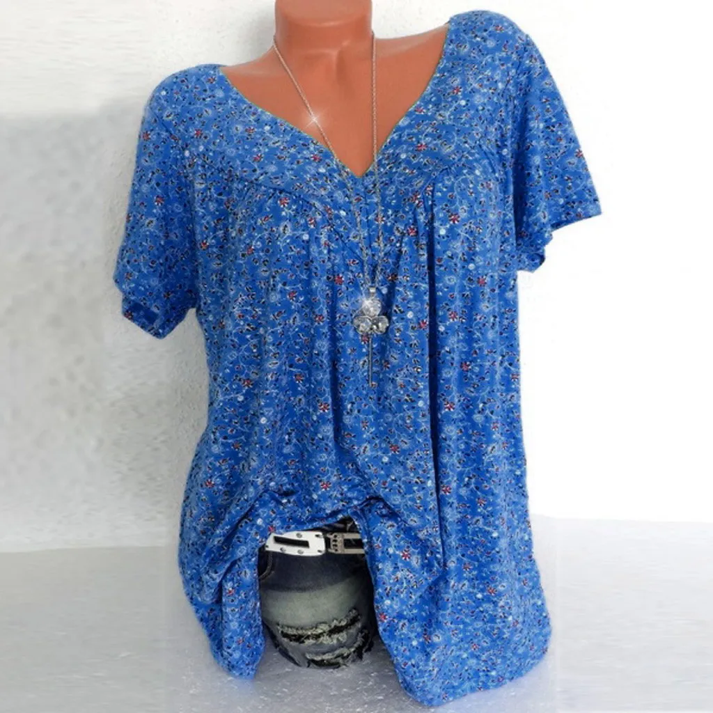 Womail Plus Size Printed Design Casual Short Sleeve 2019 Polyester Material V-Neck Summer Fashion T-Shirt Women 19APR02