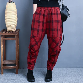 

Women's Winter Pants Plaid Wide leg Harem Pants Cotton Linen Vintage Elastic Waist Loose Casual Trousers Women's Cross-pants