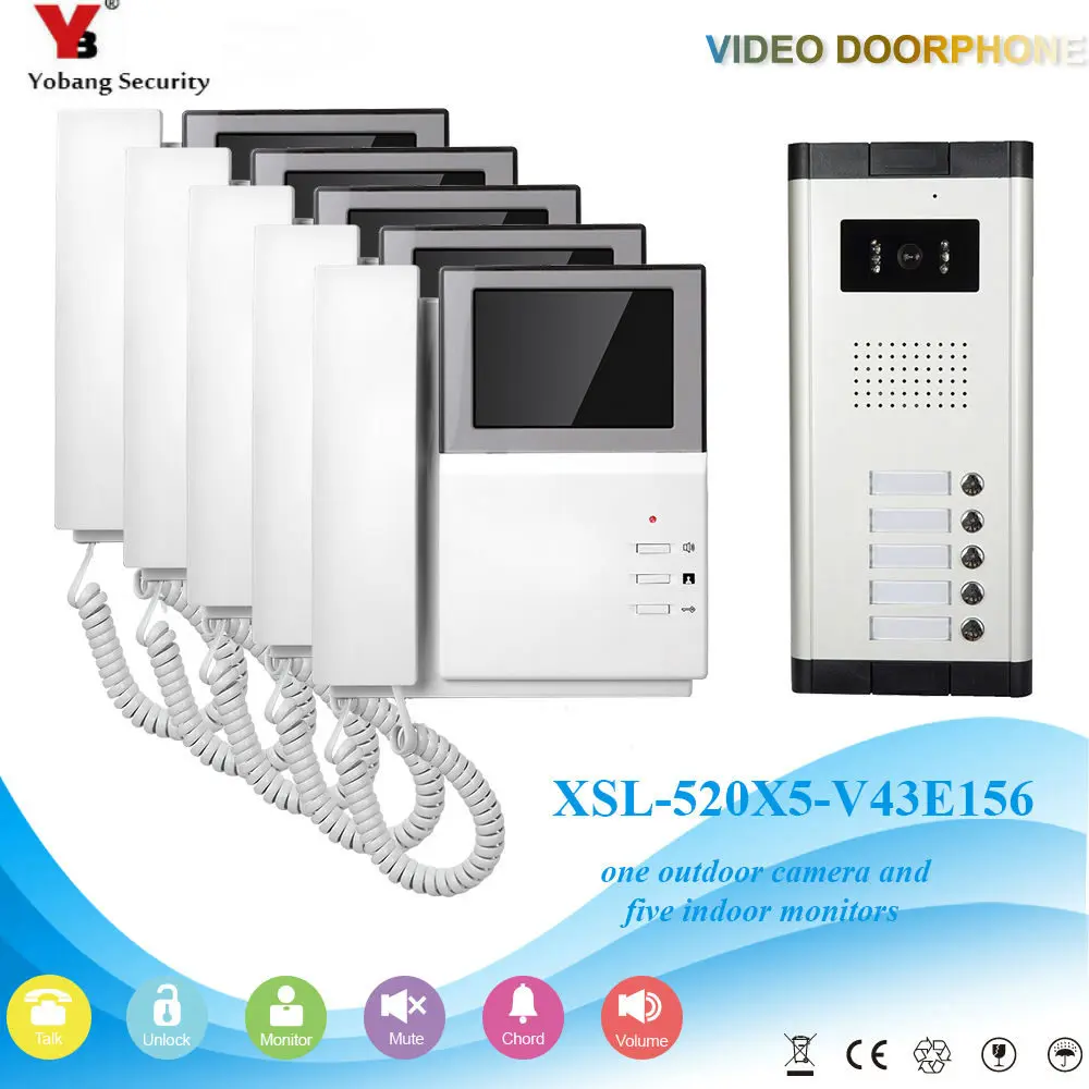 

YobangSecurity 4.3 Inch Colored Villa Video Doorbell Intercom The Home System Kit Night Vision With Handset For 5 Unit Apartment