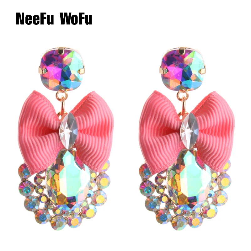 

NeeFu WoFu Drop Rhinestone Crystal Tie Big Earring Dangle Zinc alloy Large Long Brinco Printing Ear Accessories Oorbellen