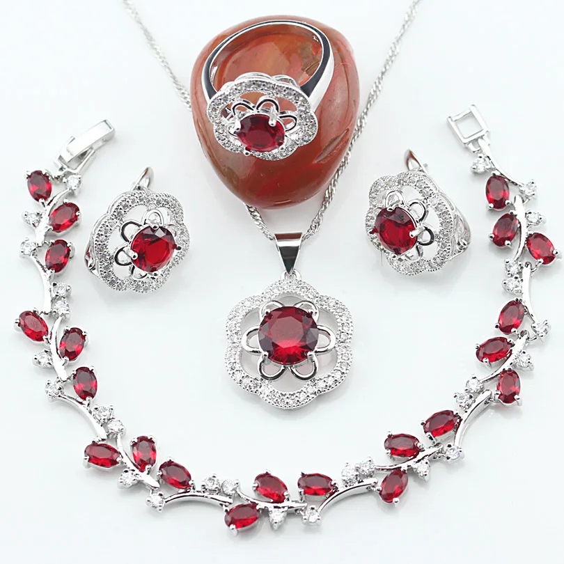

Red Zirconia Bridal 925 Sterling Silver Jewelry Sets Women Stone Bracelet Earrings Pendant Necklace Rings Set Jewelery Gift Box