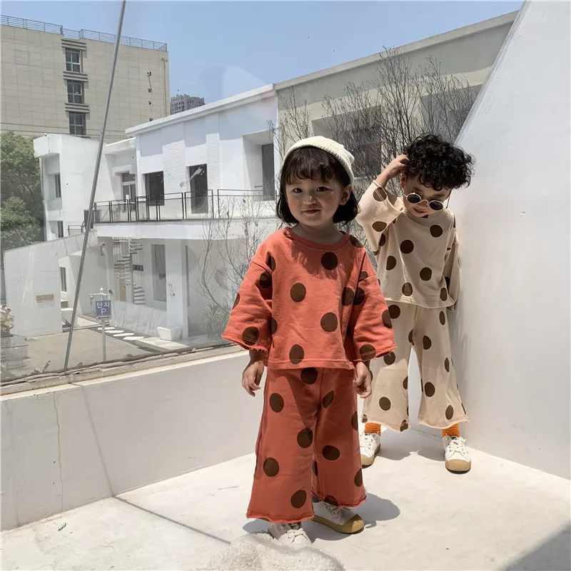 

2019 autumn new wave dot long shirts and wide legged pants two piece sets baby boys girls cotton shirts