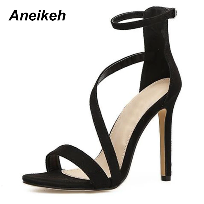 

Aneikeh NEW Summer Rome Women Sandals Open Toe Stiletto High Heels Woman Sexy Party Flock Buckle Strap Cover Heel Sandal Shoes