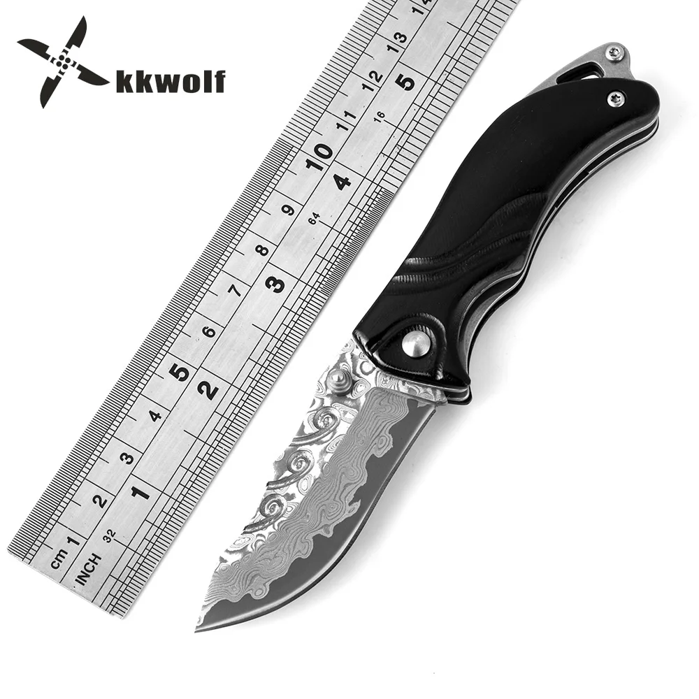 

KKWOLF New tactical folding knife Damascus steel blade ebony handle pocket knife Camping portable EDC key tool survival knife