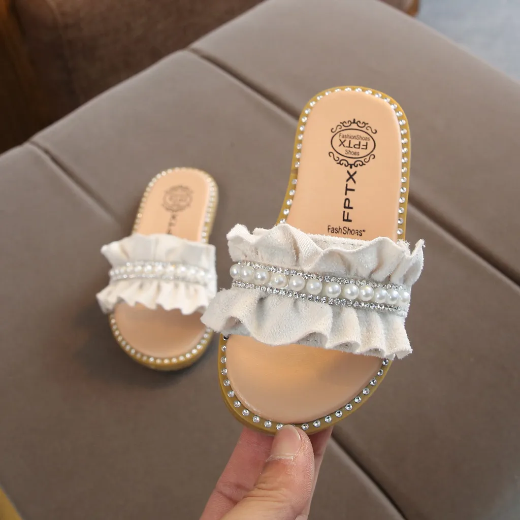 Kids Sandals Toddler Baby Girls Sandals Pearls Crystal Ruffles Princess Shoes Slippers Comfortable Casual Summer Shoes