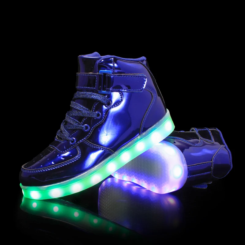 Качественные детские кроссовки с подсветкой; 7 цветов; высокие детские кроссовки для мальчиков и девочек; спортивные однотонные кроссовки с подсветкой - Цвет: Mirror Blue