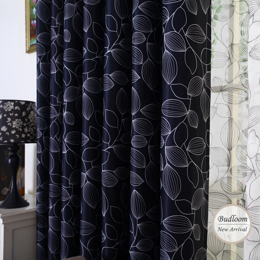 Modern Black Leaves Curtains For Living Room High Precision Blackout
