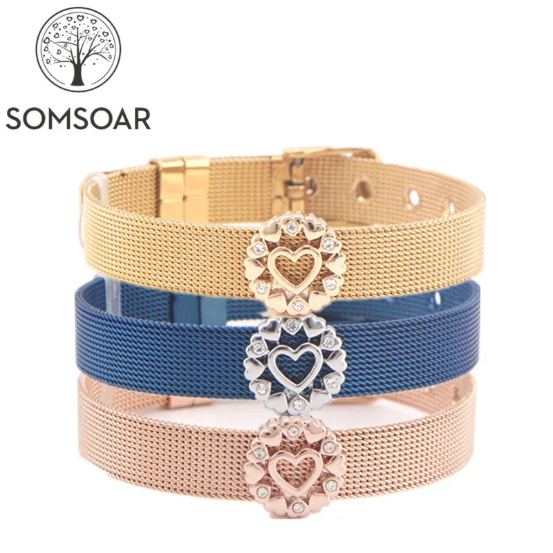 

Drop shipping Somsoar Jewelry multi- Heart Love Mesh Bracelet Set DIY Charm Stainless Steel Bangle for 2019 New Year
