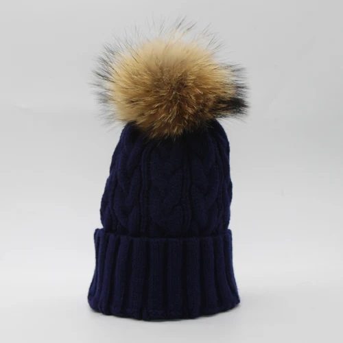 Зимняя брендовая Новая цветная зимняя шапка s, шерстяная вязаная шапка с мехом енота, помпоны для женщин и мужчин, хип-хоп шапка Skullies - Цвет: Синий