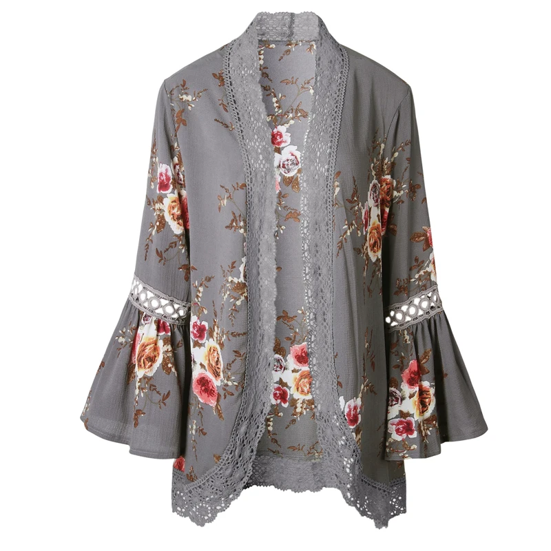Wuhaobo осень Boho Женская куртка с кружевными расклешенными длинными рукавами тонкая Повседневная открытая стежка Топы модная женская одежда рубашка пальто