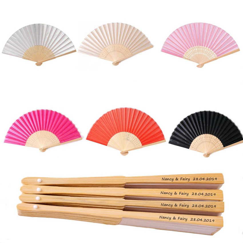 

50pcs/lot Personalized Bride & Groom's Name & Date Silk Wedding Hand Fan Decoration Favors with Organza Gift Bags Free shipping